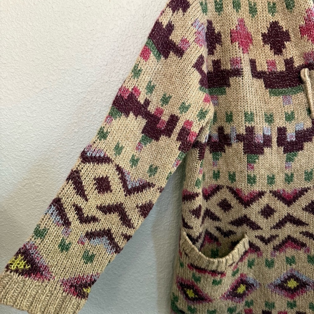 J.Jill Aztec Lenox Hooded Cardigan Sweater Size Medium Brooch Closure Wool Blend - Picture 7 of 9